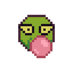 Fototapeta premium Emoticon pixel art face with pink gum ball, funny smiley cartoon character 8-bit style. Isolated abstract vector illustration.