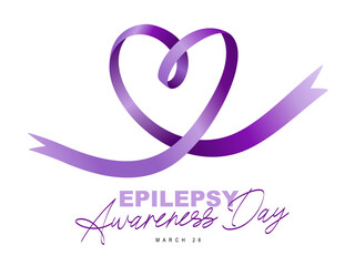 Epilepsy Awareness Day, March 26. The purple ribbon formed into a beautiful heart. Chronic brain disease.