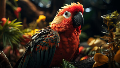 Obraz premium Vibrant macaw perched on branch, showcasing nature colorful beauty generated by AI
