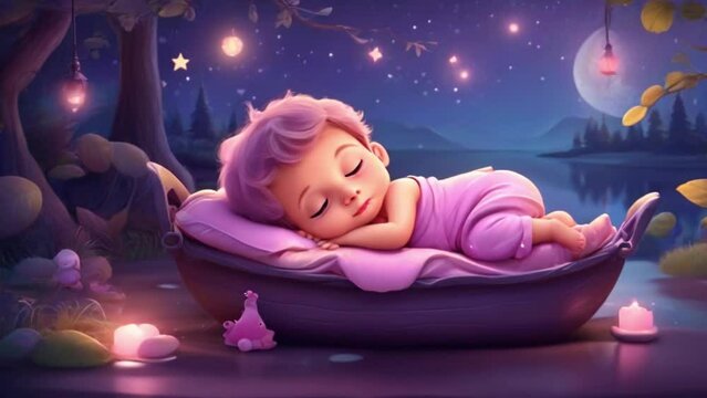 breathing animation, cute baby lullaby cartoon sleeping on forest, looped video background	
