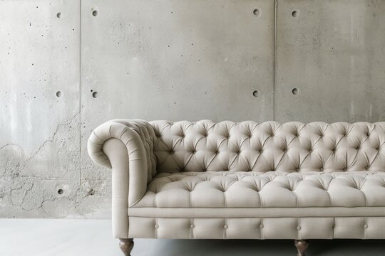 A minimalist composition focusing on the juxtaposition of the beige tufted sofa against a clean section of the concrete wall with a subtle mosaic detail.