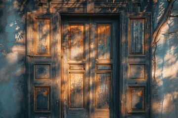 Antique wooden door in the warm hues of the golden hour. Aging wood reveals intricate patterns,...