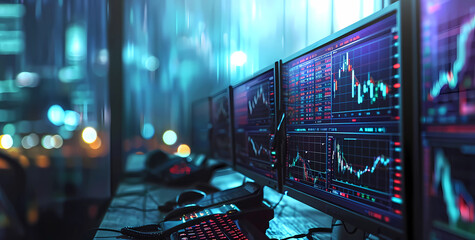 many financial market screen screens on desk
