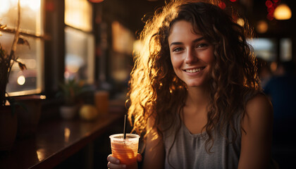 Naklejka premium Smiling young adult woman enjoying coffee, looking at camera confidently generated by AI