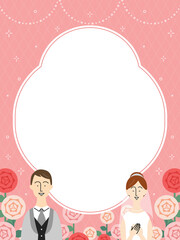 新郎新婦とバラのフレーム・背景素材（縦向き）