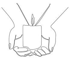 Draw one continuous line. Hand holding a burning candle. Vector illustration.