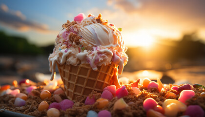 Homemade ice cream cone with colorful toppings, perfect summer treat generated by AI - obrazy, fototapety, plakaty