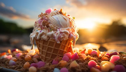 Foto auf Alu-Dibond Homemade ice cream cone with colorful toppings, perfect summer treat generated by AI © Jemastock