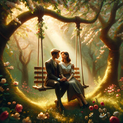 A romantic scene depicting two lovers sitting on a swing in a blooming fores