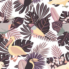 vector drawing seamless pattern with tropical birds and leaves, hand drawn natural background, jungle cover design