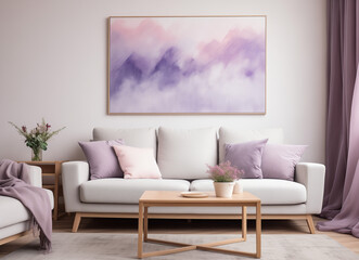 modern living room furniture design and decorationliving room interior decor, in the style of delicate watercolor landscapes, light violet and light gray