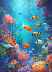 Naklejka na ściany i meble 水中世界の概念の背景のイラスト。海の魚｜Illustration of underwater world concept background. sea fish.Generative AI