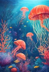 Obraz na płótnie Canvas 水中世界の概念の背景のイラスト。海を泳ぐクラゲ。｜Illustration of underwater world concept background. Jellyfish swimming in the sea. Generative AI