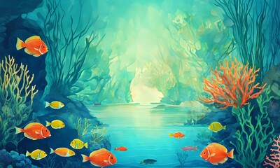 Fototapeta na wymiar 水中世界の概念の背景のイラスト。海の魚｜Illustration of underwater world concept background. sea fish.Generative AI