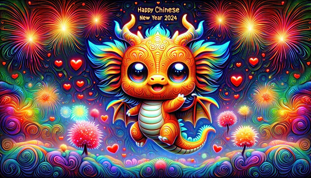 An image of a cartoon dragon jumping around, saying 'Happy Chinese New Year 2024', surrounded by fireworks and hearts - Generative AI
