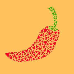 Mosaic-style chili pepper made of small red and green triangles on orange background