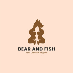 Bear and Salmon Negative Space Logo Vector Icon Template Illustration,Bear and Salmon Silhouette Logo Vector Icon Template Illustration, Concept of Natural Hunting, Wild Nature, Life Cycle, Food Chain