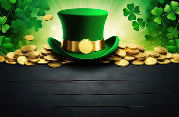 Patrick's Day card with Leprechaun hat and gold coins on a green background with clovers. Free space for writing text and advertising. St.Patrick 's Day