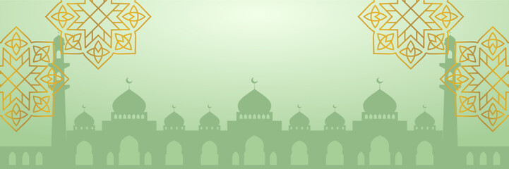 Islamic green background, with mandala ornament and mosque silhouette. vector template for banner, greeting card for Islamic holidays.