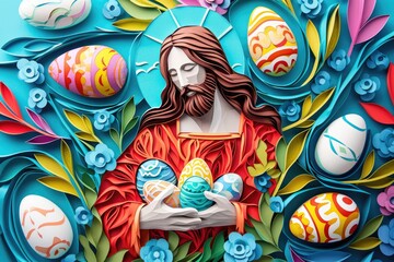 paper cut card jesus with easter eggs . Background with colorful Easter eggs