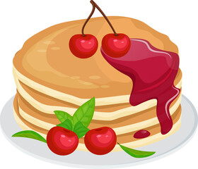 Stack of pancakes with dripping cherry syrup and cherries on top. Plate with american breakfast pancakes, sweet dessert. Delicious food, dessert or breakfast idea vector illustration.