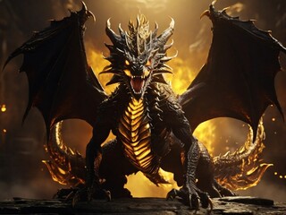a golden dragon, scary, spitting fire from its mouth - obrazy, fototapety, plakaty