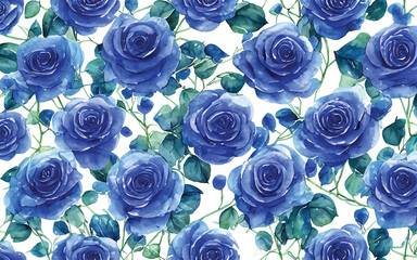 Blue Roses and Vines Watercolor Illustration Pattern