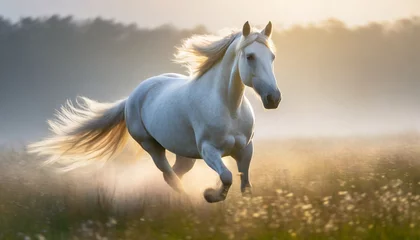 Fotobehang 草原を走る白馬,Generative AI AI画像 © bigfoot