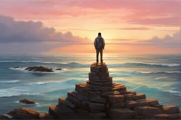 beautiful view of a lone person looking at the view, on the hill.