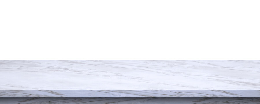 Empty white marble counter or tabletop mockup isolated on transparent background for product display presentation, png file