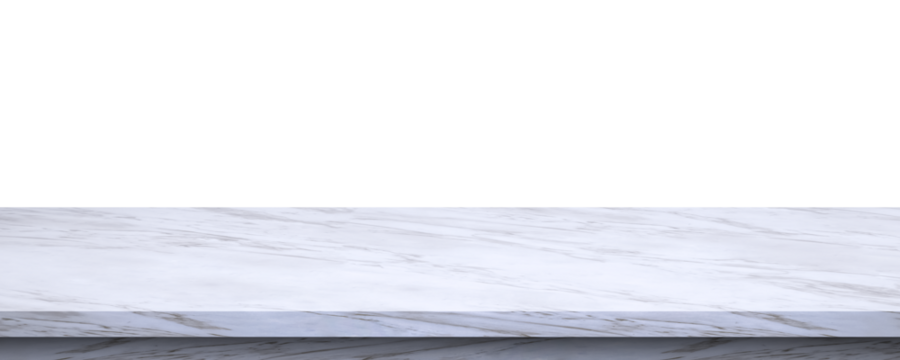 Empty white marble counter or tabletop mockup isolated on transparent background for product display presentation, png file