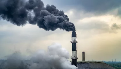 Fotobehang industrial scene with black smoke billowing from factory chimney, symbolizing environmental harm, global warming, and air pollution crisis. © Your Hand Please