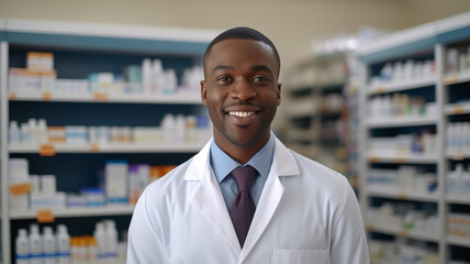Fototapeta premium african male pharmacist standing by shelf at the pharmacy store.