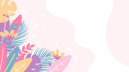 Colorful colourful vector flat floral spring background with leaves and flower. Vector summer background with vegetation, flower, and leaf for poster, banner, and presentation