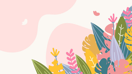 Fototapeta na wymiar Colorful colourful vector flat floral spring background with leaves and flower. Vector summer background with vegetation, flower, and leaf for poster, banner, and presentation
