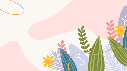 Colorful colourful vector illustrated floral spring background with flowers and leaves. Vector summer background with vegetation, flower, and leaf for poster, banner, and presentation