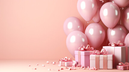 Vibrant Birthday Party Decoration with Colorful Balloons, Streamers, and Gift Boxes - Festive Event Concept with Copy-Space for Text and Promotion.