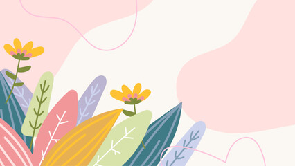 Colorful colourful vector floral hello spring concept background. Vector summer background with vegetation, flower, and leaf for poster, banner, and presentation