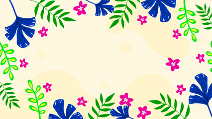Colorful colourful vector illustrated floral spring background with flowers and leaves. Vector summer background with vegetation, flower, and leaf for poster, banner, and presentation