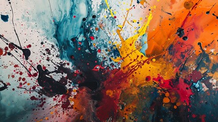 Abstract artwork with a chaotic blend of multicolored ink splatters and drips.