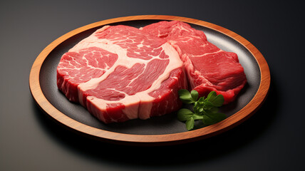 Fototapeta premium Raw red beef meat on a flat ceramic plate.