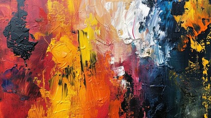 Abstract artwork with a rich, textured surface, combining a variety of colors applied with both brush and knife techniques.