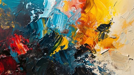 Abstract artwork with a rich, textured surface, combining a variety of colors applied with both brush and knife techniques.