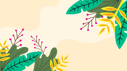 Fototapeta na wymiar Colorful colourful vector illustration spring background with flowers and leaves. Vector summer background with vegetation, flower, and leaf for poster, banner, and presentation