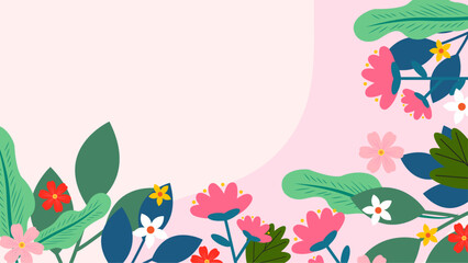 Colorful colourful vector illustration spring background with flowers and leaves. Vector summer background with vegetation, flower, and leaf for poster, banner