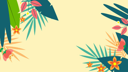 Fototapeta na wymiar Colorful colourful vector illustrated floral spring background. Vector summer background with vegetation, flower, and leaf for poster, banner