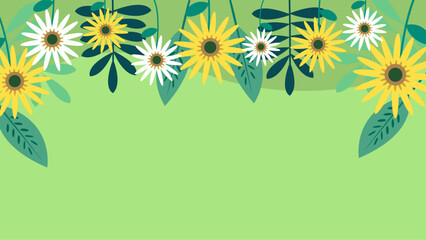 Colorful colourful vector beautiful spring background with hand drawn flowers and leaves. Vector summer background with vegetation, flower, and leaf for poster, banner