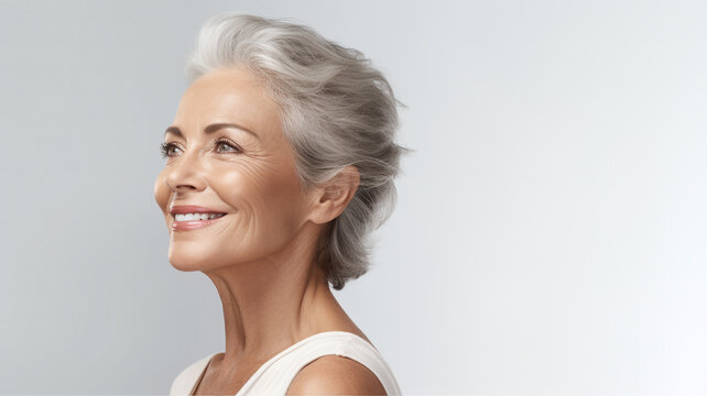 Side View Attractive Gorgeous Mature Older Woman Looking At Camera Isolated On White Background Advertising Skincare Spa Treatment. Mid Age Tightening Face Skin Care Rejuvenation Cosmetics Concept.