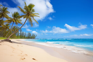Beautiful sand beach with blue sky and palm trees. Travel to Hawaii mood. 