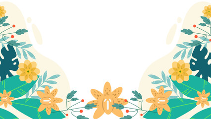 Colorful colourful vector beautiful spring background with hand drawn flowers and leaves. Vector summer background with vegetation, flower, and leaf for poster, banner